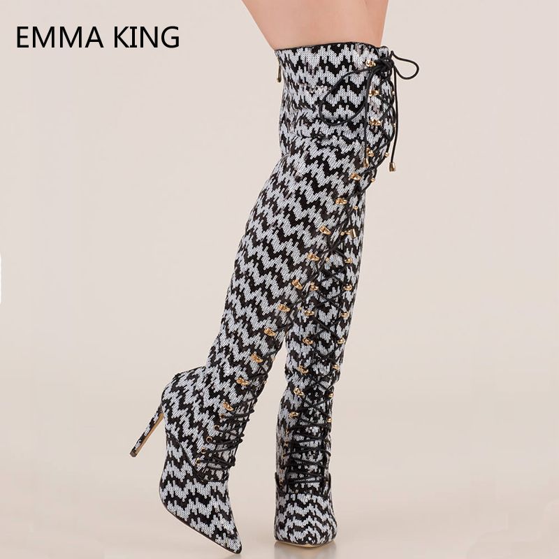 gold sequin thigh high boots