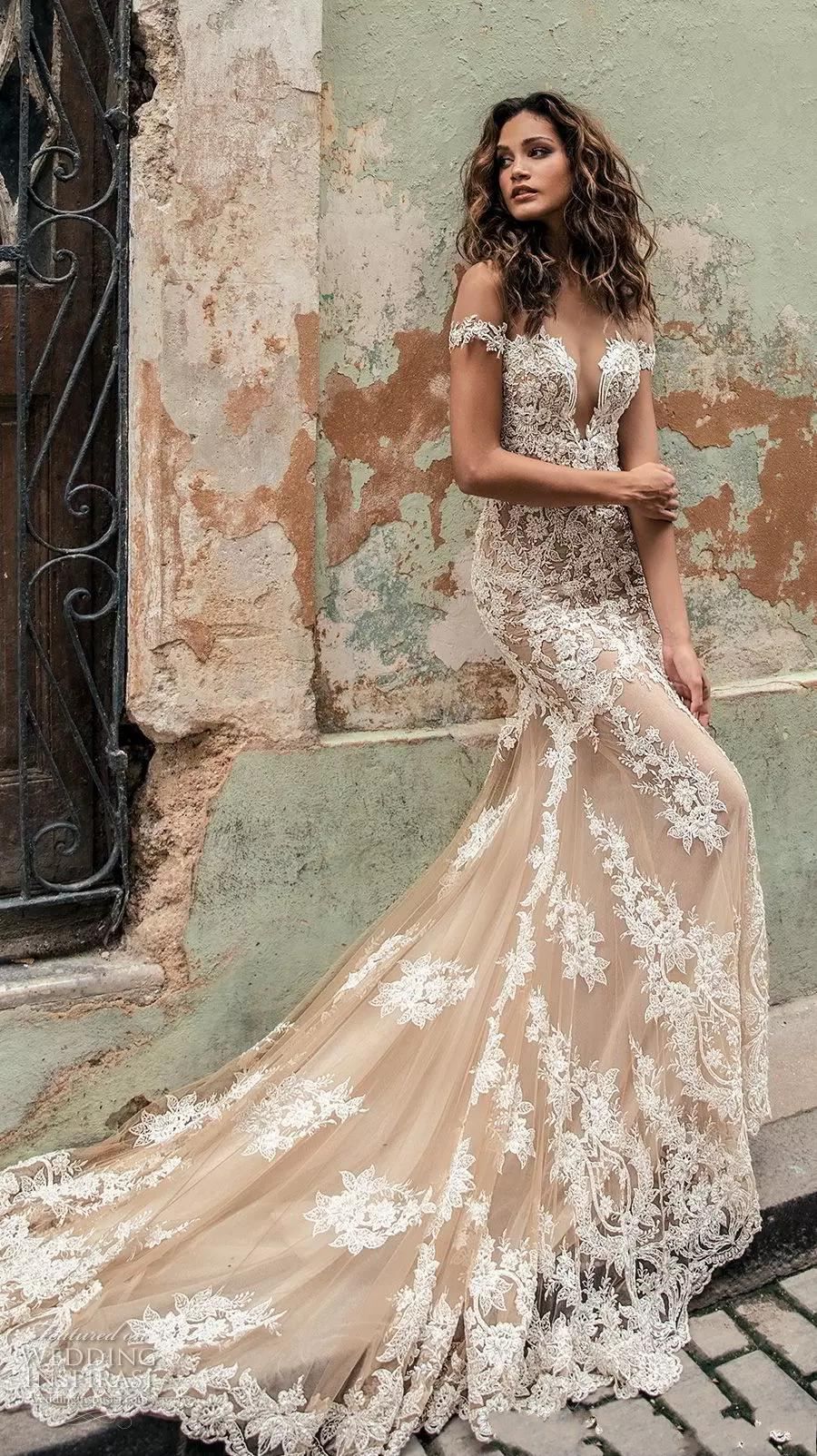 Champagne Lace Appliqued Off Shoulder Mermaid Wedding Dress 11 Sexy  Bohemian Beach Boho Bridal Gown Ivory Mermaid Wedding Dresses Lace Wedding  ...