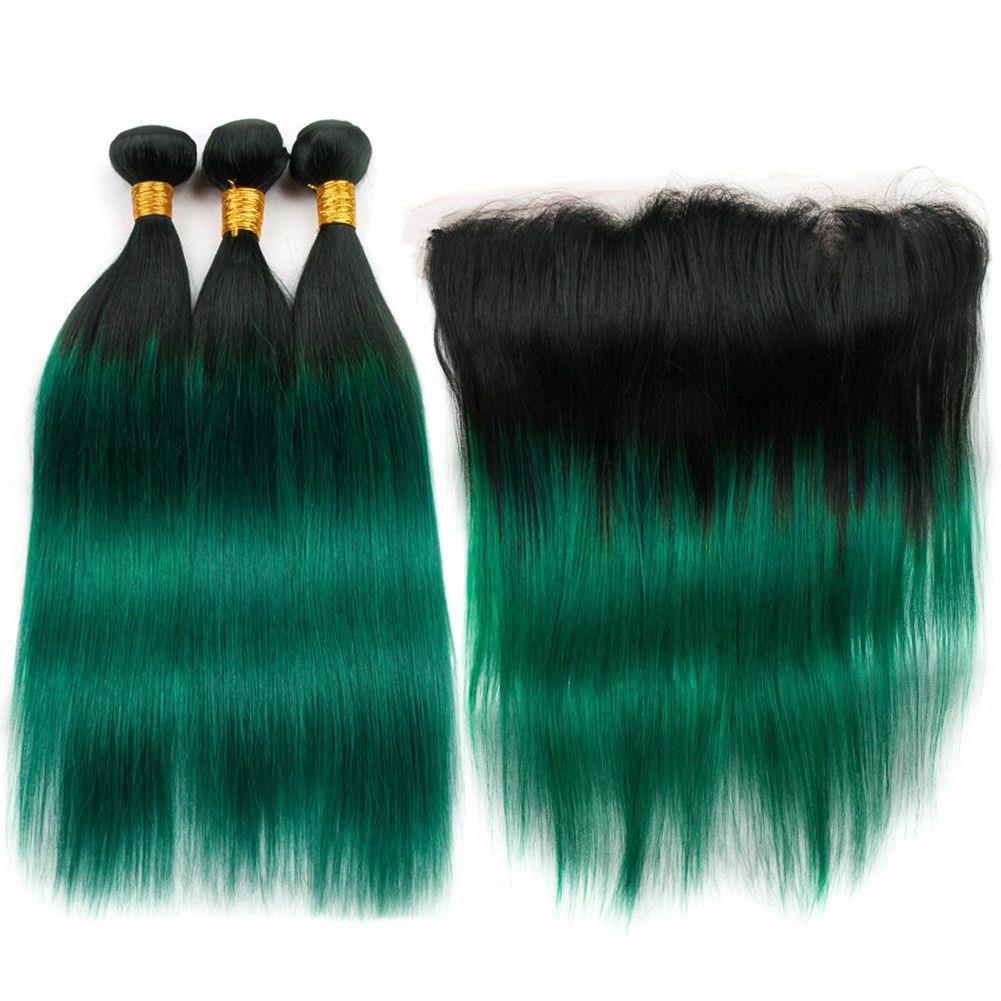2019 Dark Green Ombre Hair Bundles With Frontal Closure 1b Green