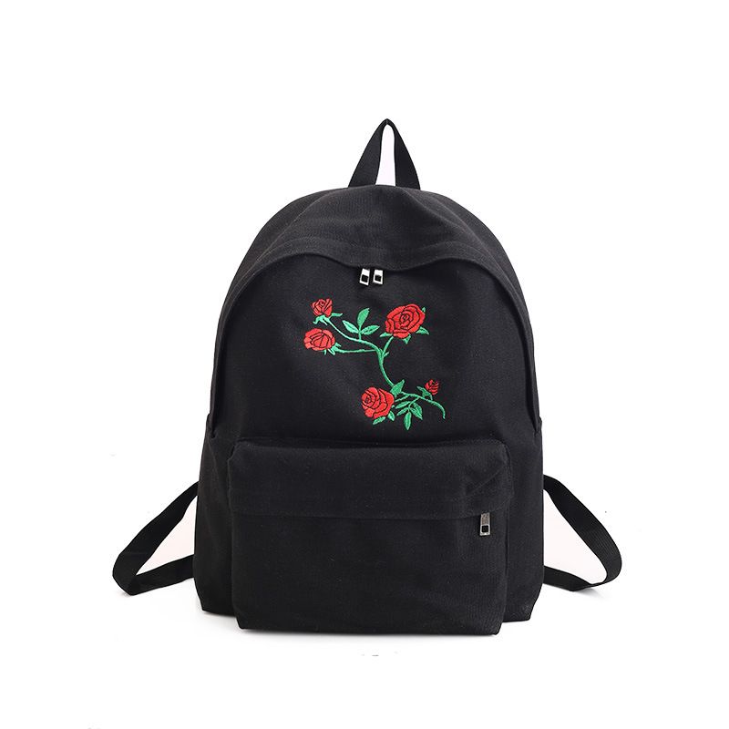 black bookbag with roses