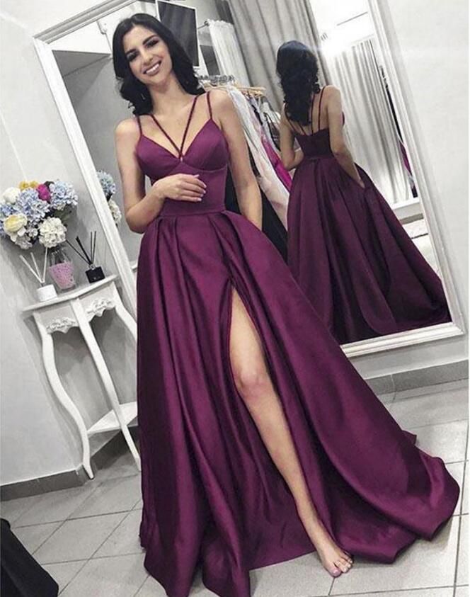 Compra Vestidos De Noche De Color Púrpura Vestidos De Baile Elegantes Con  Bolsillos Ranura Lateral Alta 2019 Mujeres Satén Vestido De Fiesta Formal  Bata De Fiesta Vestido De Fiesta Barato | Entrega