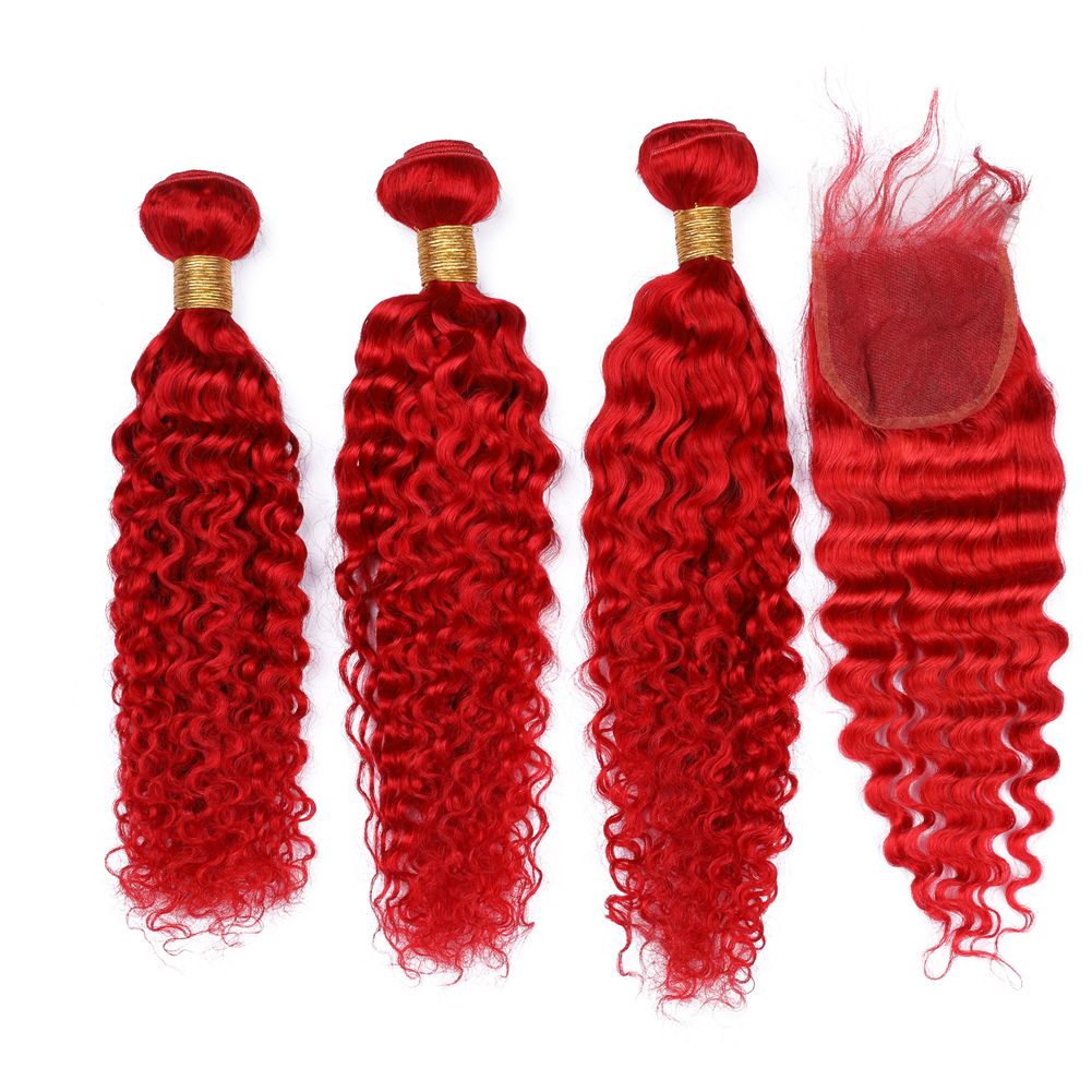 2019 Malaysian Bundle Hair With Closure Red Deep Wavy Closure 4