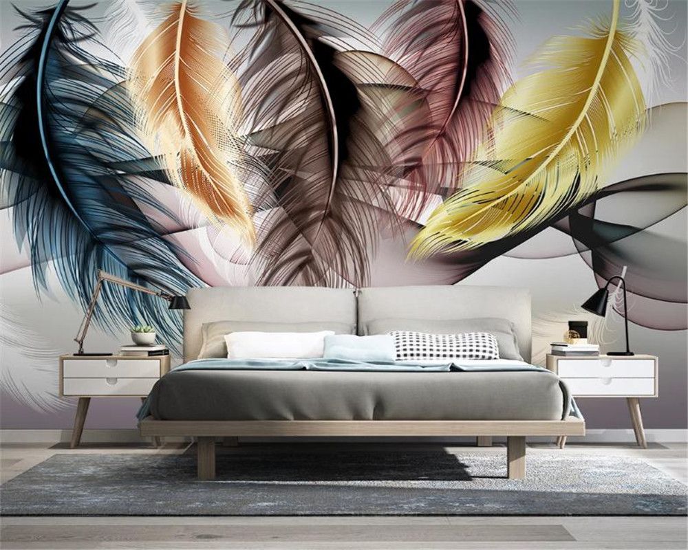 3d Wall Paper small fresh light luxury feather abstract smoke living room sofa  background wall painting HD Wallpaper