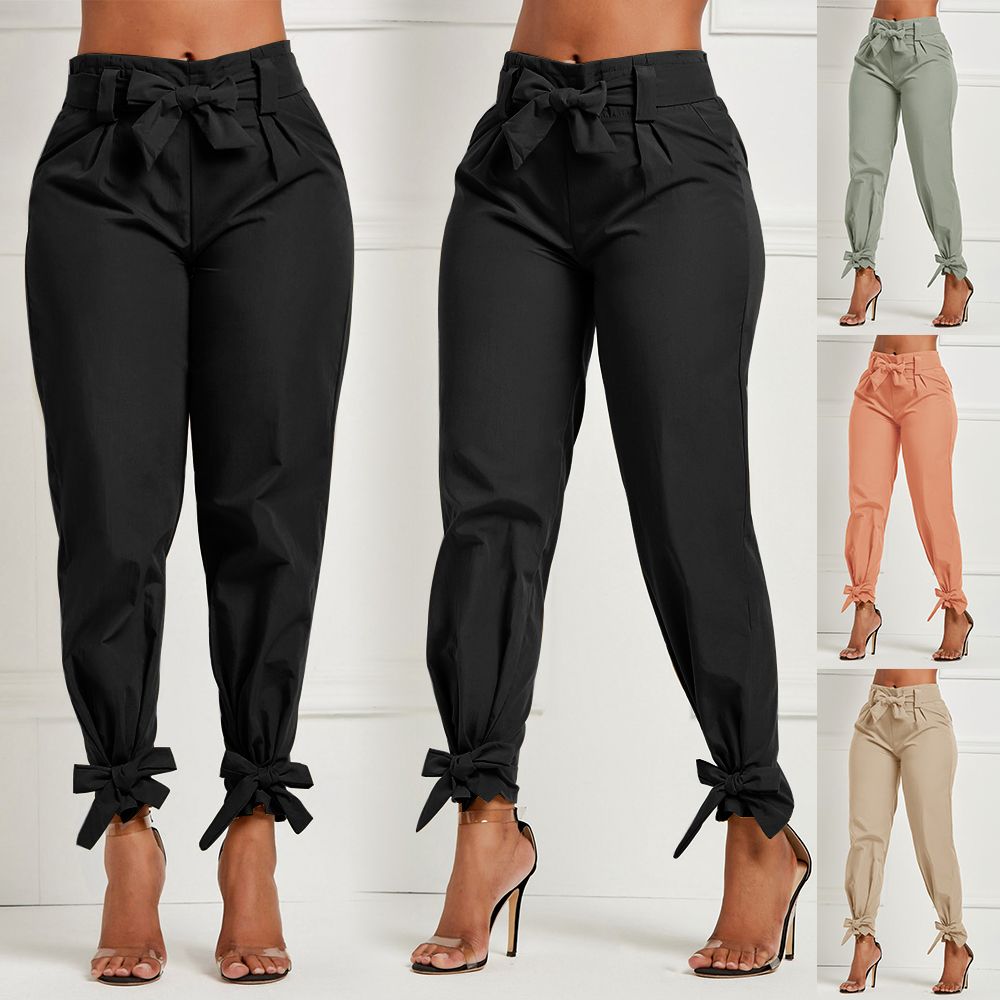 Compra 2019 Nueva Moda De Primavera Mujeres Sólido Pantalones Flojos  Ocasionales De La Alta Cintura De La Correa Del Bolsillo De La Pajarita  Riza Los Pantalones Mujeres Pantalones Barato | Entrega Rápida