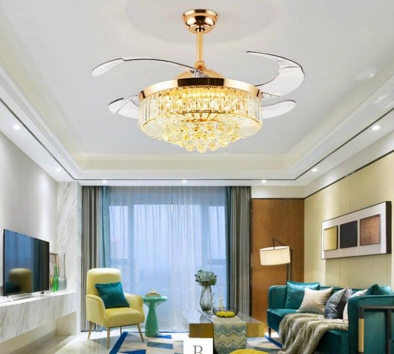 2019 42 Inch Gold Modern Led Crystal Living Room Modern White Fan Ceiling Lights Fixtures Acrylic Leaf Led Ceiling Fan Light Kit Remote Contr Myy From