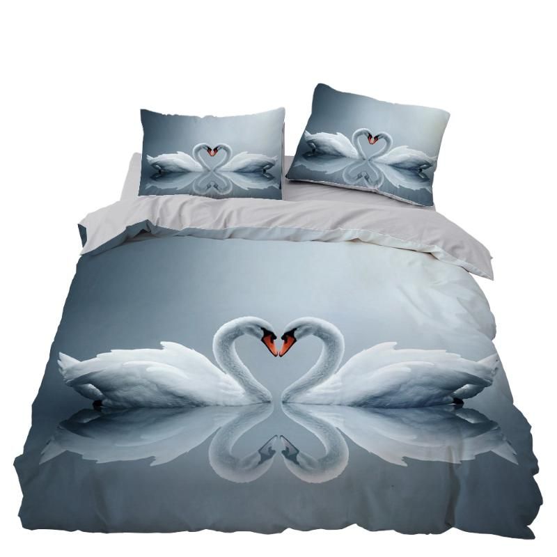 Swan Bedding Set Bedroom Decor Doona Quilt Cover Microfiber Grey