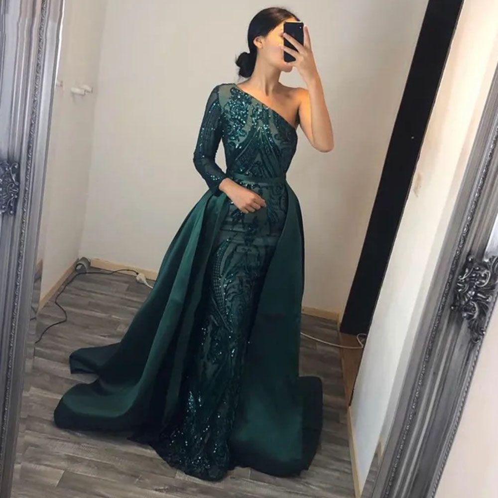 emerald green one shoulder pleated detail midi dress