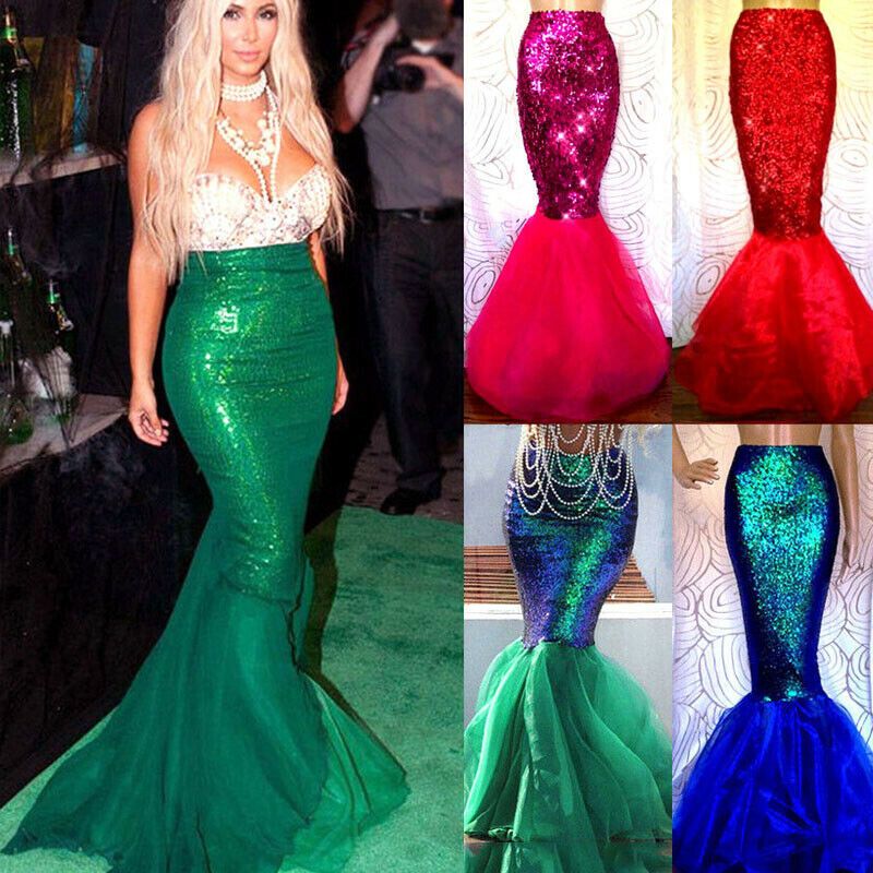 US _  Womens Sequined Mermaid Tail Skirt Party Maxi Fancy Dress Cosplay Costume
