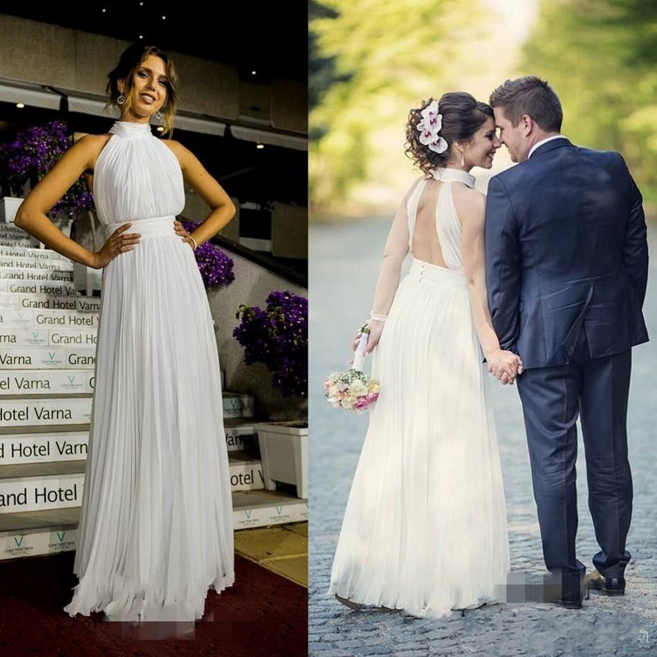Blanco plisado gasa vestidos de boda 2019 sin mangas de cuello alto vestidos de novia para Blanco plisado gasa vestidos de boda 2019 sin mangas de cuello alto vestidos de novia para