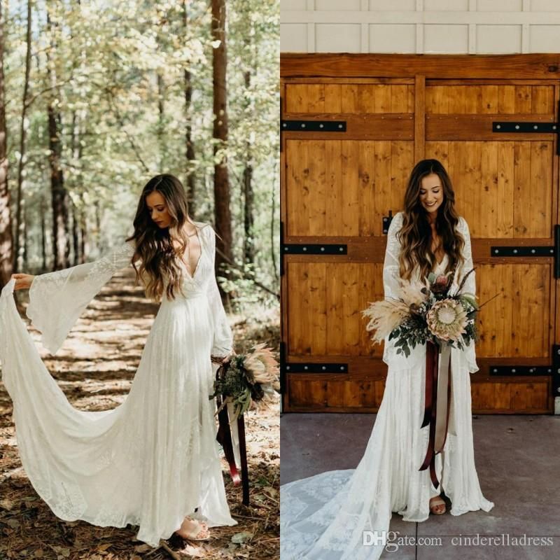 Compra Vestidos De Novia De Encaje De Boho Estilo Country Con Mangas Largas  Con Cuello En V Una Línea De Vestir De Novia Bohemian Plus Tamaño Vestido  Nupcial Barato | Entrega Rápida