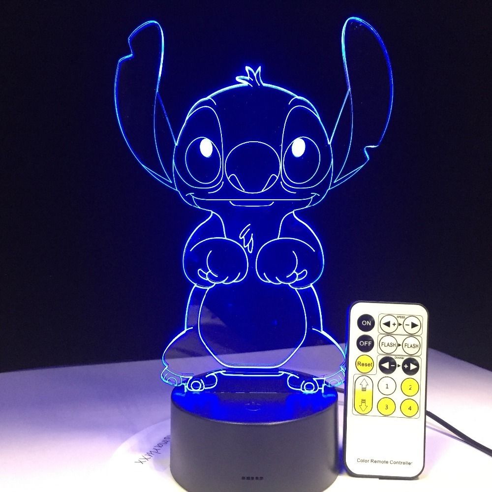 HYDYI Stitch Cartoon 3D Lámpara Dormitorio Mesa De Noche Luz Acrílico Panel Cable USB 7 Colores Cambiar Táctil Base De La Lámpara Regalo De Los Niños 