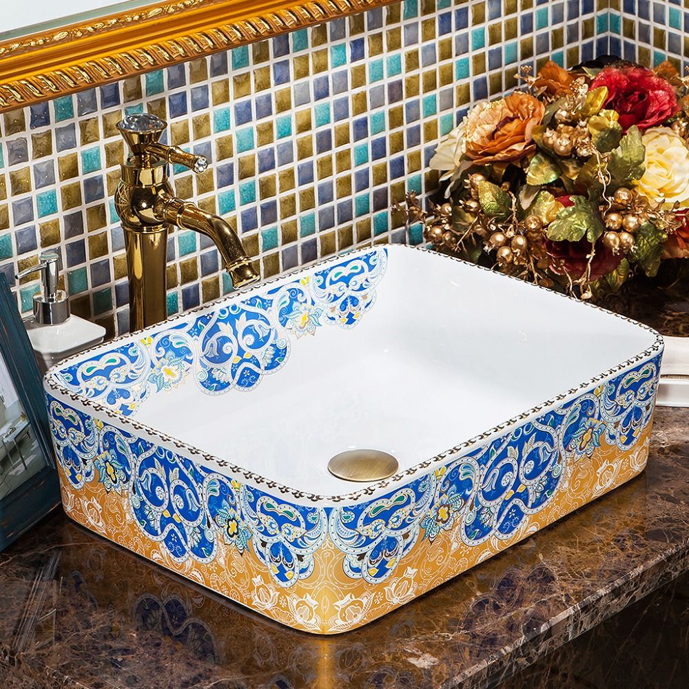 2021 Europe Vintage Style Ceramic Art Basin Sinks Counter Top Wash Basin Bathroom Vessel Sinks Vanities Ceramic Patterned Wash Basin From Yi07