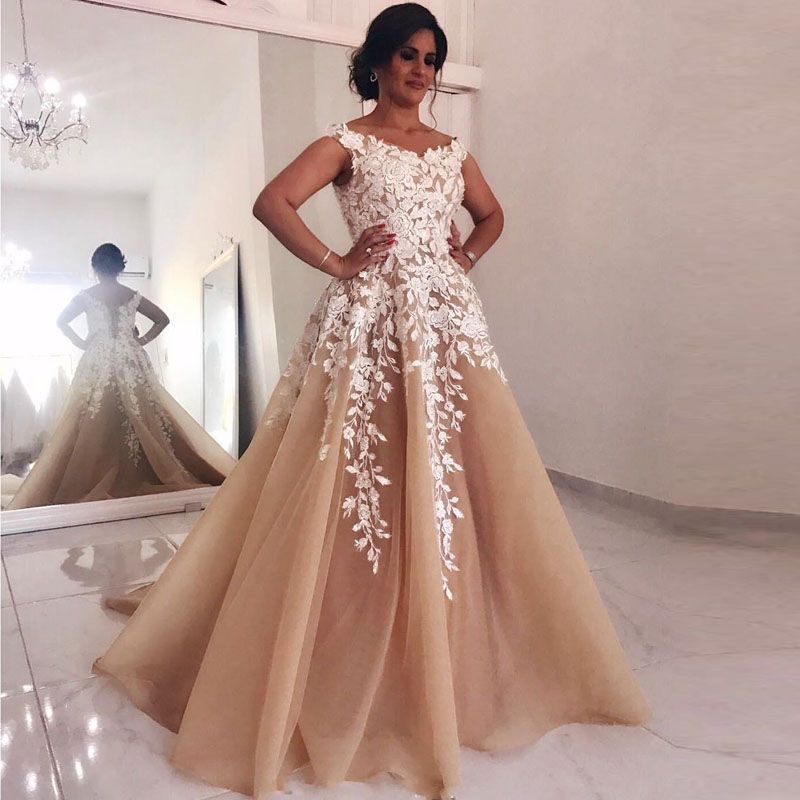 Champagne A Line Evening Dresses V Neck Lace Appliques Tulle Skirt Prom Gown Floor Length Formal Dress Plus Size Evening Dresses Petite Evening