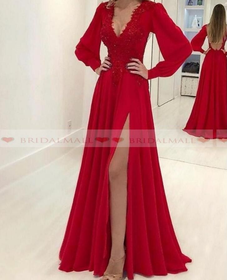 red chiffon long sleeve dress