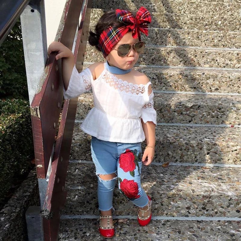 Girls Fashion Rose Sling Lace Hole Jeans Fashion Baby Girls Boutique  Clothing Sets Kids Sexy Casual Children Suit Girls Kids Clothing From  Yobes_baby, $ 