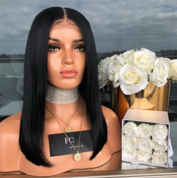 Black 1b Middle Part Short Bob Straight Synthetic Wigs Heat