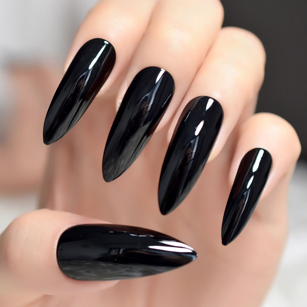 Black Extremely Long Stiletto Nails 24 Full Set Of Nails UV Gel