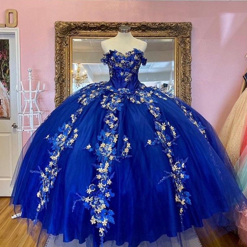 Royal Blue Ball Gown Quinceanera Dresses Off The Shoulder Beaded 3D ...