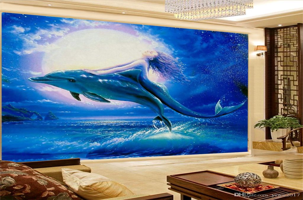 Fondo de pantalla Sirena 3d y delfines Hermoso paisaje subacuático 3d Sala  de estar Dormitorio Fondo