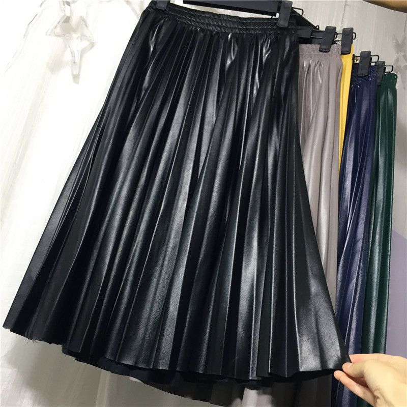 Skirts 2021 Women Slim Organ Leather Skirt Pleated Long Female Pu  Half-length Retro High-waisted