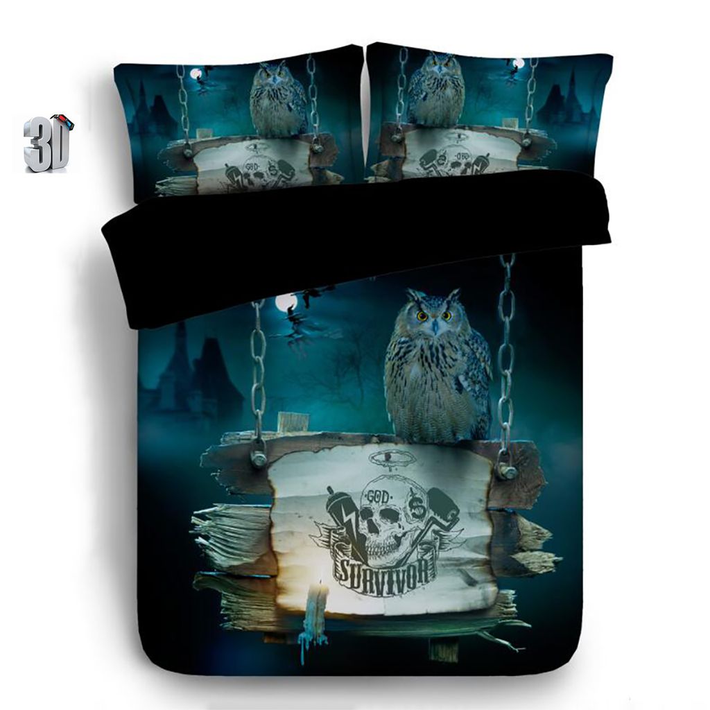150x200cm 3d Skull And Owl Print Duvet Cover With Pillowcase