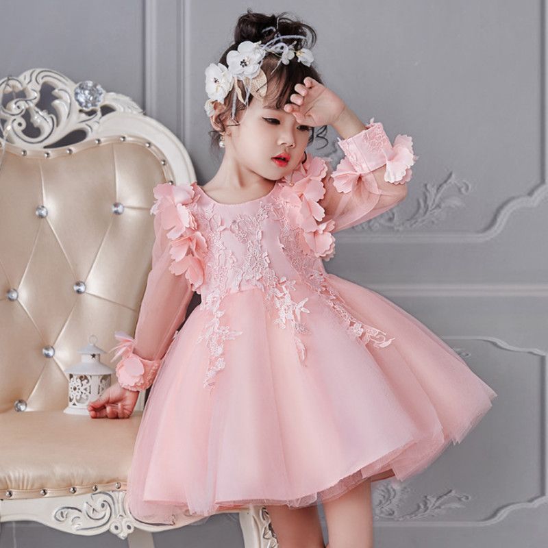 New Cute Lace Baby Girl Pink Party Dress Princess Wedding Birthday Kids Clothes