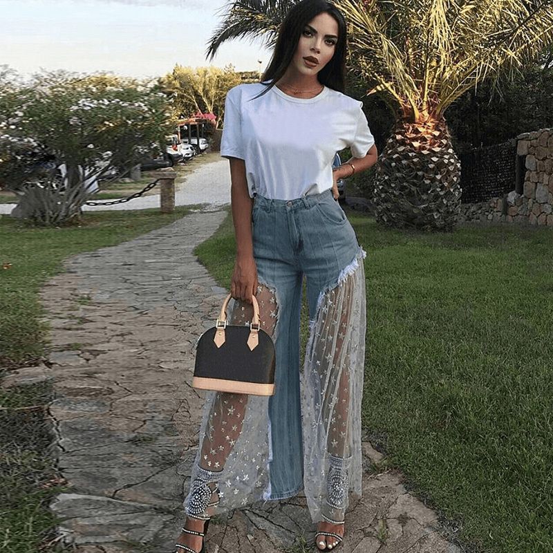 Acquistare Pantaloni Sexy Da Donna A Gamba Larga Pantaloni In Denim Con  Stampa A Stella A Rete Trasparente Pantaloni A Vita Alta Pantaloni Larghi  Casual Jeans Pantaloni Da Festa Di Moda Y19072501