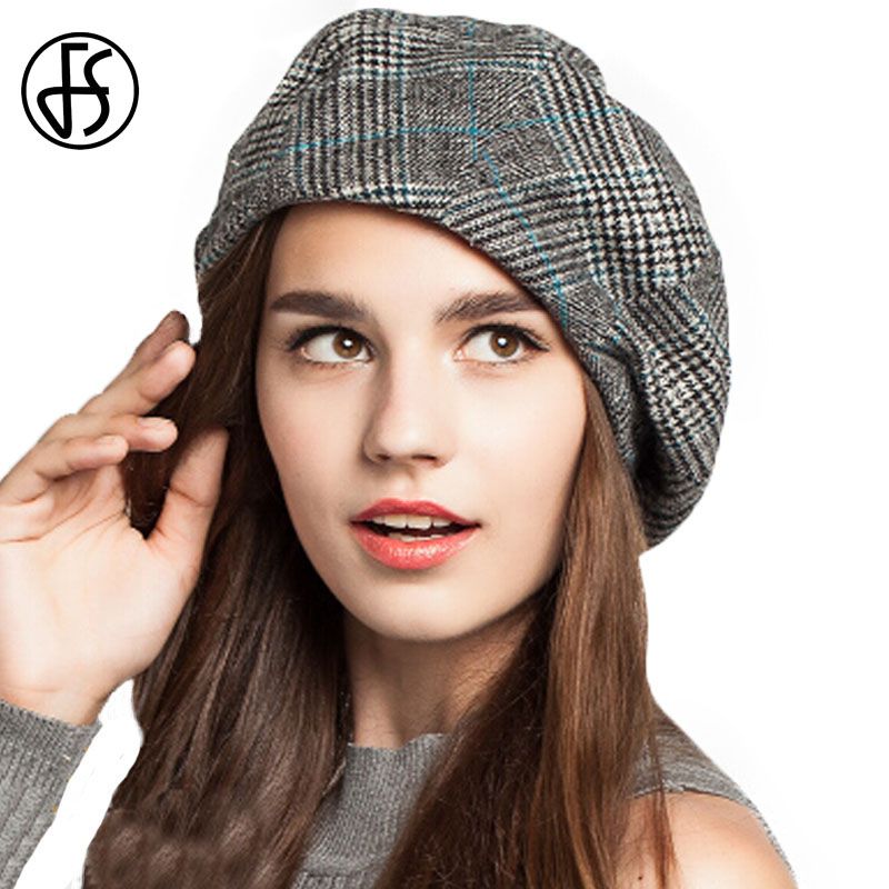 YZCX Womens autumn and winter plaid hat beret fashion female houndstooth beret black beret with adjustable rope