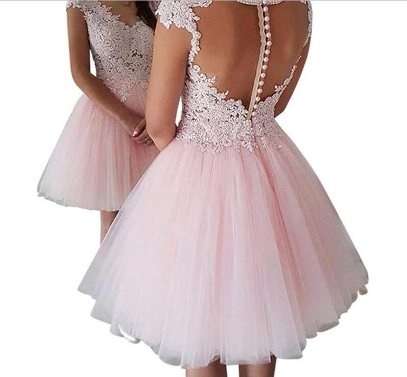 2021 Snabb Leverans Rosa V Hals Kort Examen Klänning 2020 Spets 