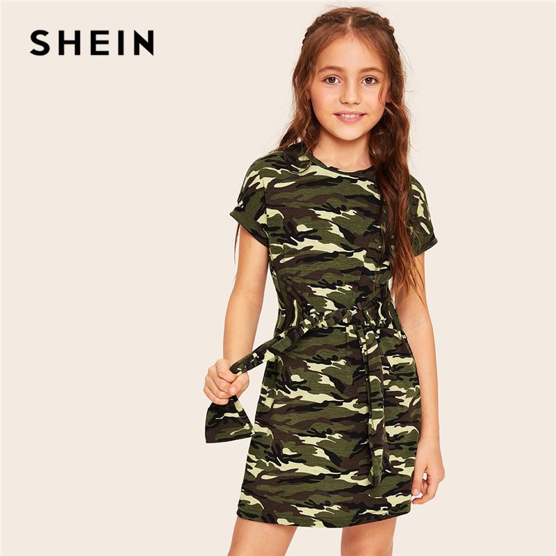 SHEIN Kiddie Filles Cravate Taille Camouflage Casual Tee Robe Enfants
