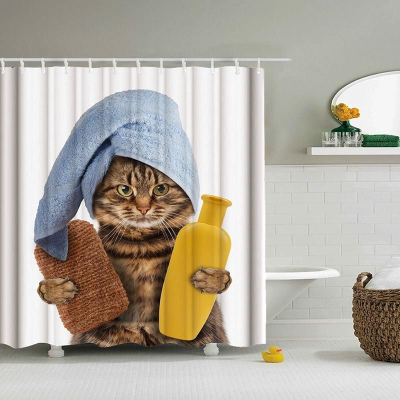 compre gato engracado tomar um banho impresso 3d bath cortinas poliester impermeavel tecido lavavel banho duche tela cortina com ganchos de yiyu hg