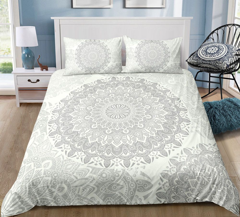 Light Grey Bohemia Style Bedding Set King Size Big Flower Simple