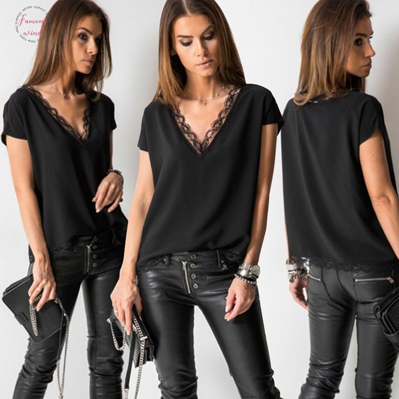Super Sexy Kant T Shirt Zomer Korte Mouw V Hals Tees Fashion Tops Voor TO-55