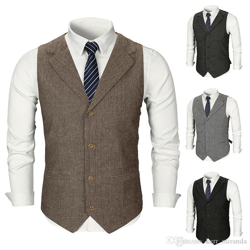 Groom Vests Vintage Brown Tweed Groomsmen Wool Herringbone 4 Style Mens ...