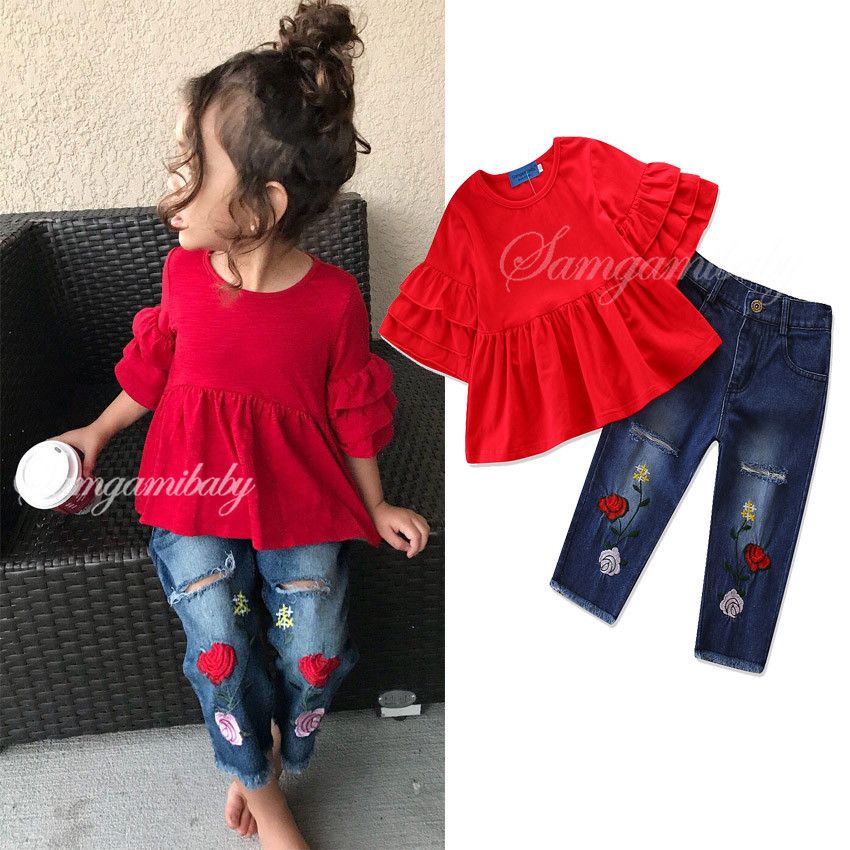 New baby children/'s clothing baby girl T-shirt top hole pants suit