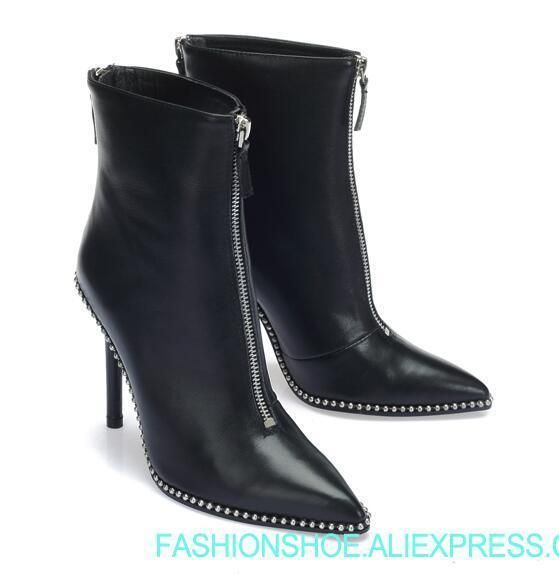Woman Pointed Rivet Short Boots Black Leather Stiletto High Heel Boots Metal Balls Beading Double Zipper High Heel Ankle Boots Office Shoes From Woman Pointed Rivet Short Boots Black Leather Stiletto High Heel Boots Metal Balls Beading Double Zipper High Heel Ankle Boots Office Shoes From