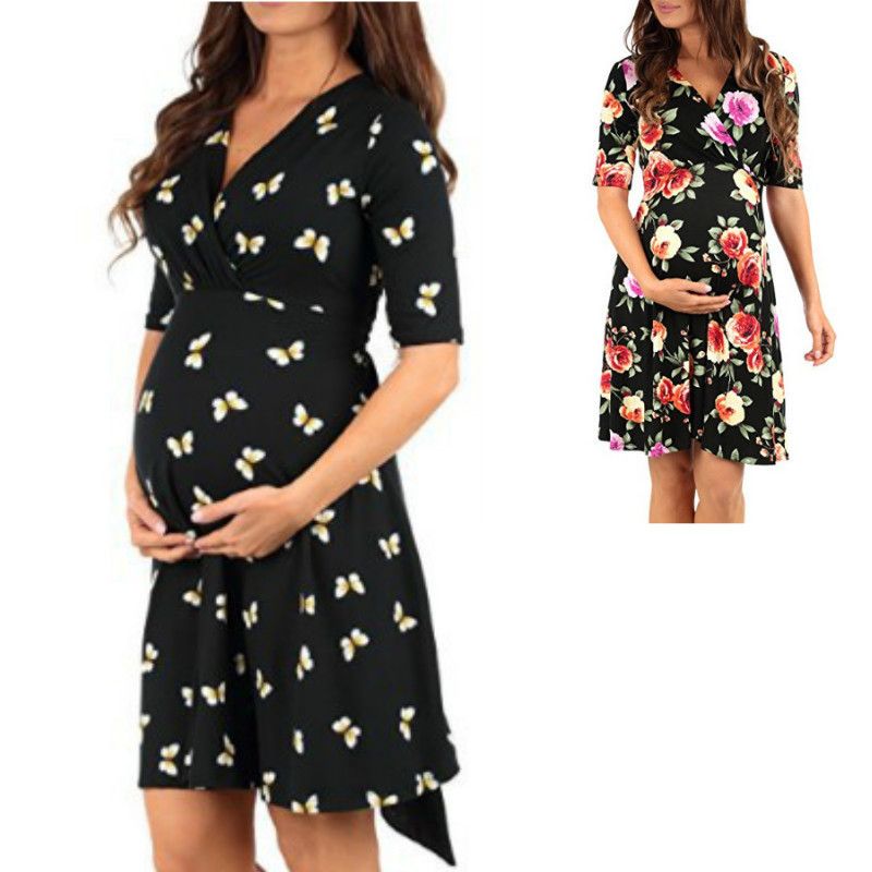 ligeramente para Fiel Vestido de verano de las mujeres embarazadas 2019 moda con cuello en V,  ropa de madre,