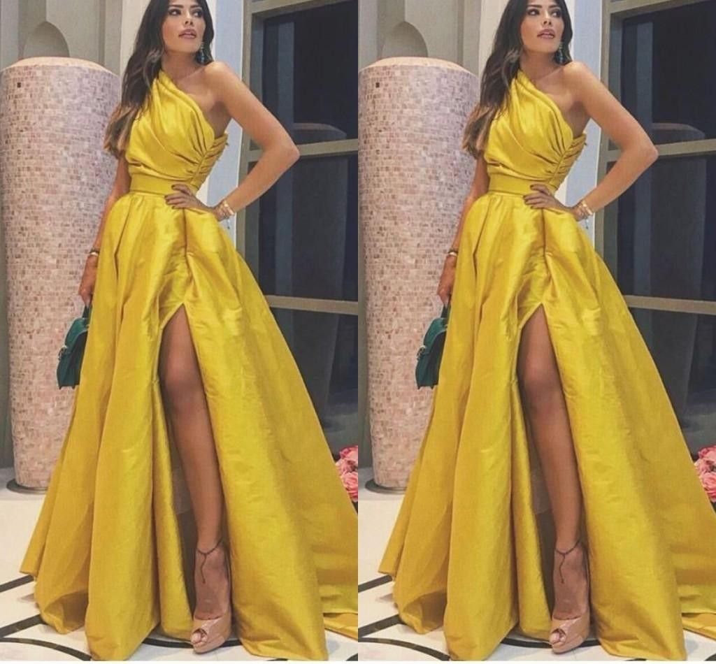 2020 Modest Amarelo Prom Vestidos Longos Tafetá De Um, 50% OFF