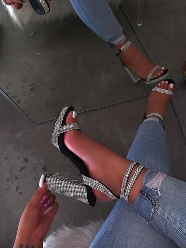 black rhinestone chunky heels