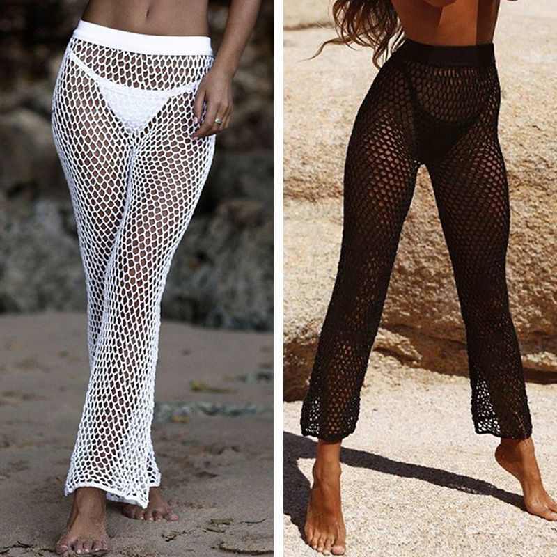 white crochet beach trousers