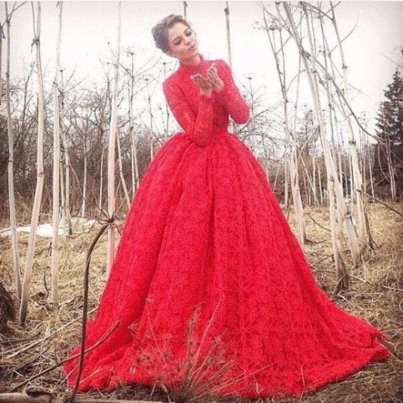 Saudi Arabic Red Lace Long Sleeve Wedding Dresses 2019 High Neck