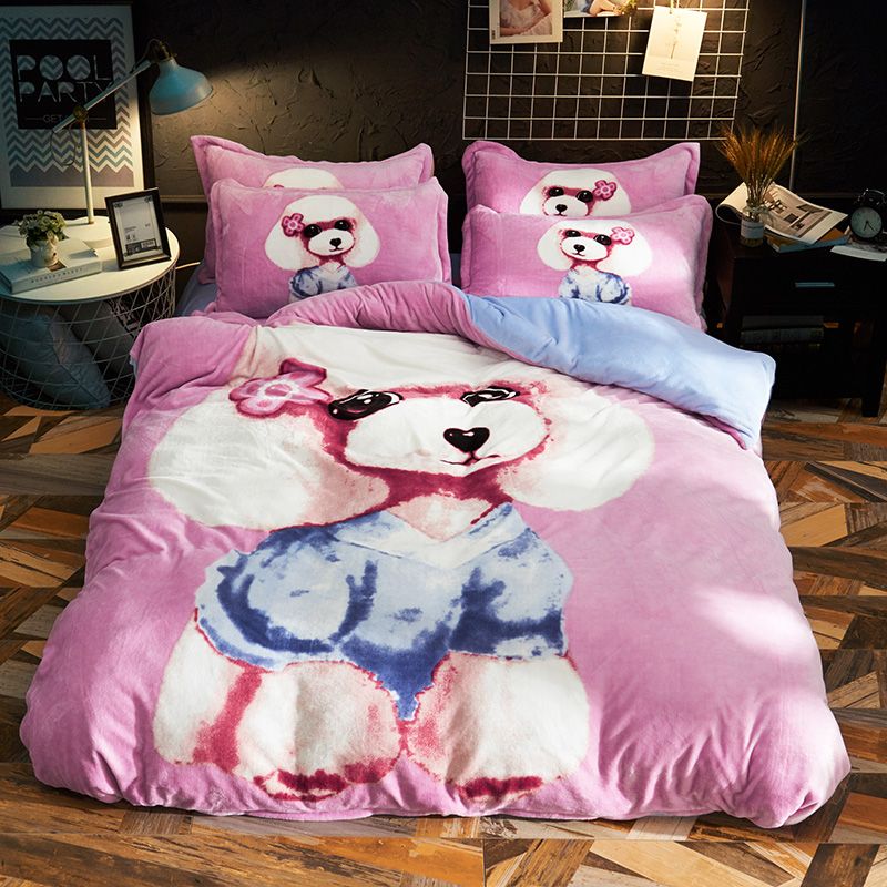 Cartoon Poodle Lion Dog Warm Fleece Fabric Child Bedding Sets