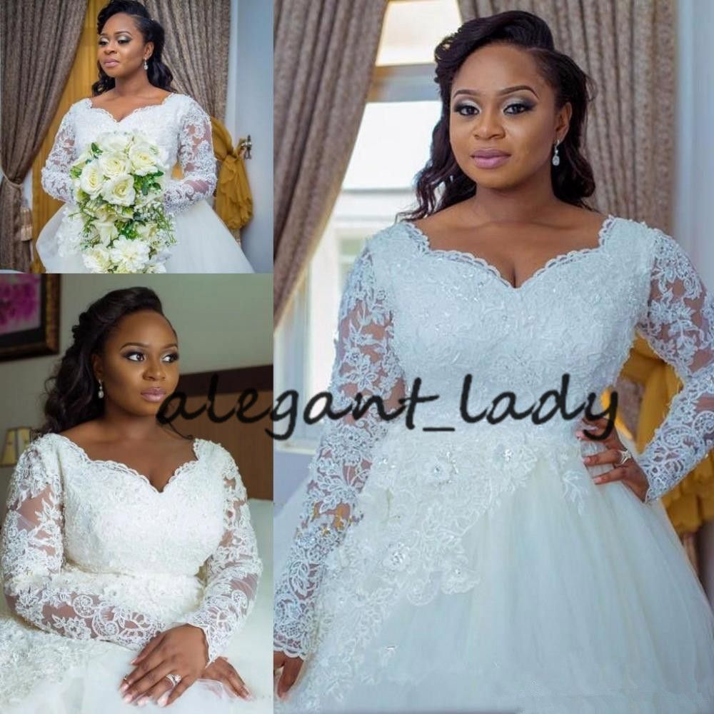 ciffer Arashigaoka Sanselig Plus Size Wedding Dresses With Long Sleeves 2019 Modest African Nigeria V  Neck Lace Puffy Skirt Church Garden Bridal Gowns From Alegant_lady, $141.31  | DHgate.Com