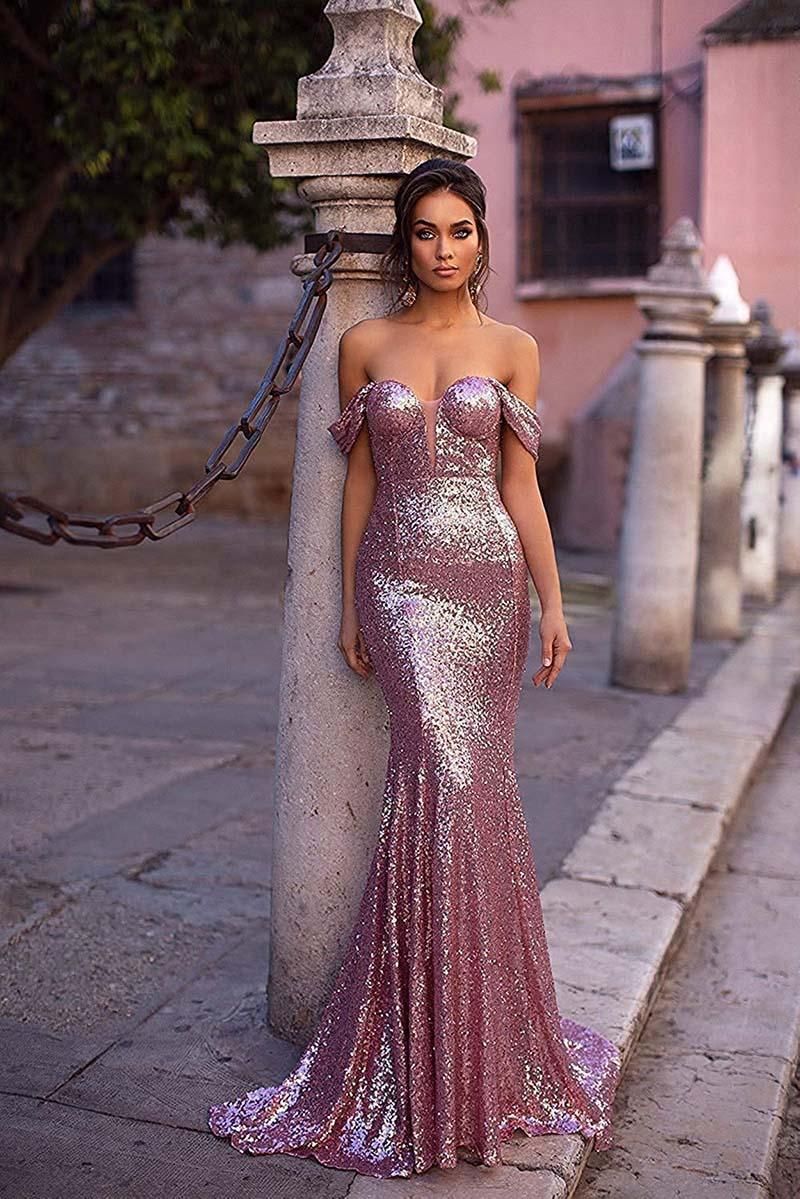 Rose Gold Mermaid Sequin Prom Dresses Off The Shoulder Cocktail Party