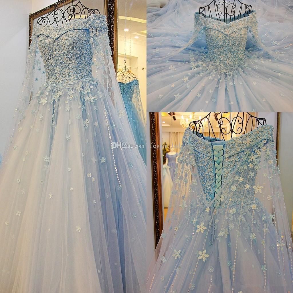 Cielo vestidos de novia princesa de color azul con detalle de larga brillante