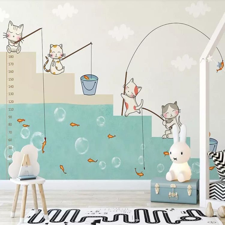 3d cartoon childlike kitten fishing wallpaper bedroom children's room  kindergarten background wall paper cute anime mural