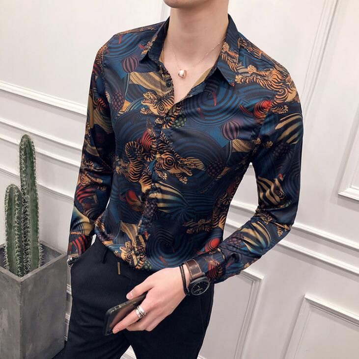 Clothing Square Fashion Shirt Beautiful Flowers Printing Casual Long-sleeved Shirts Slim Fit Asian size 