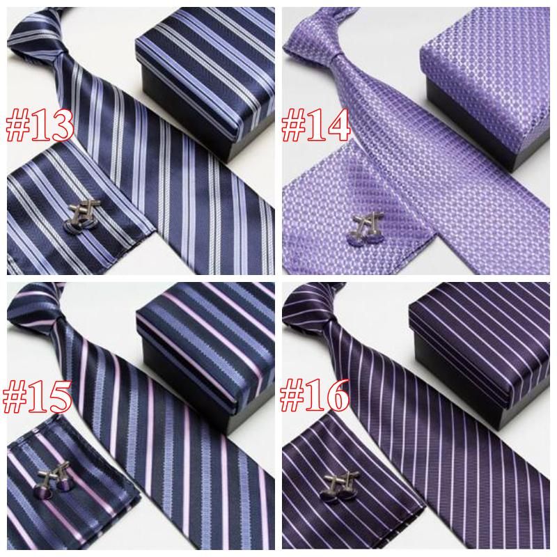 Handmade Polyester Silk Regular Width Necktie with Cufflinks,Mens Business Tie Pocket Square Set,With Gift Box
