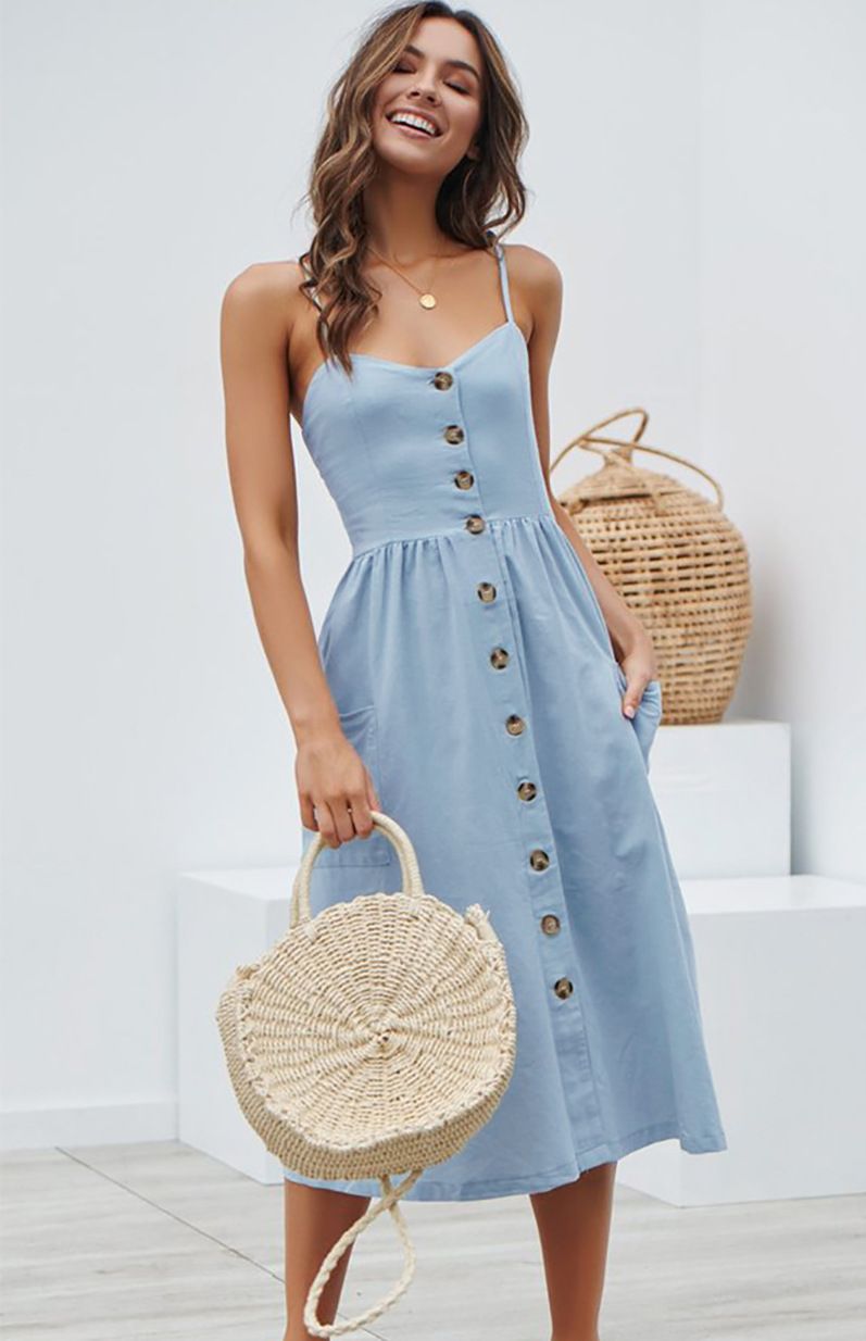 Compra Verano Simple Frescas Varios Vestidos De Mangas De La Correa Del  Botón Mujeres Moda Imprimir Vacaciones Sin Respaldo De Las Mujeres  Atractivas Lindas Del Vestido Largo S 3XL Barato | Entrega