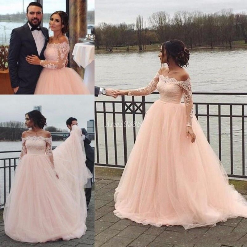 DiscountModest Blush Pink Lace Wedding Dresses Sweep Train